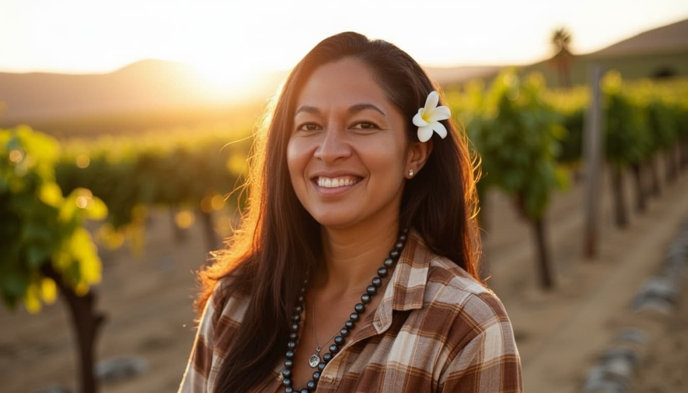 Tatiana Vander Velde walking her estate Barbera block at Apetahi vineyard, Fair Play California