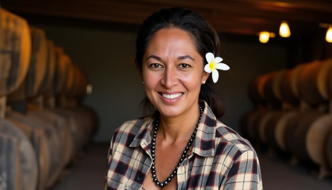 Winemaker Tatiana Vander Velde in the Polynesian Girl cellar, checking aging Cabernet