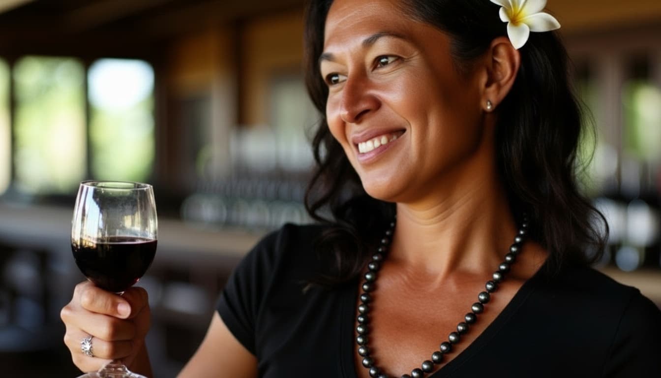Tatiana Vander Velde pouring a flight in the Polynesian Girl tasting room, El Dorado County