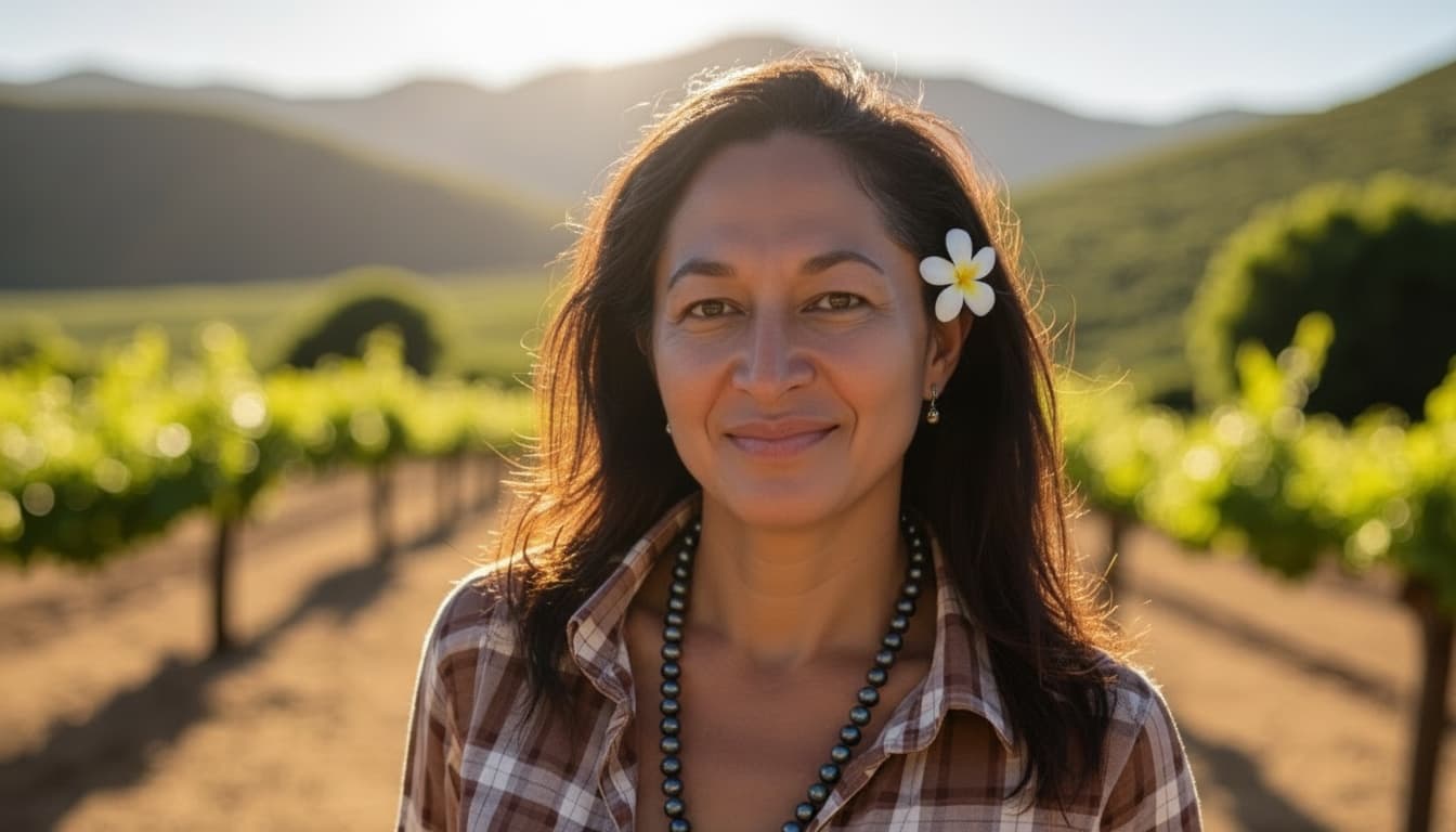 Tatiana Vander Velde in the Apetahi vineyard at golden hour