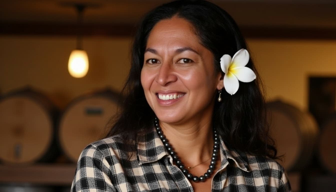 Winemaker Tatiana Vander Velde in the Polynesian Girl cellar with aging Malbec