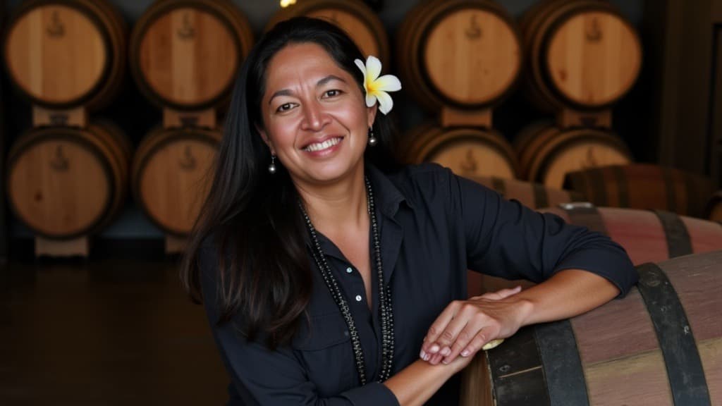Winemaker Tatiana Vander Velde in the Polynesian Girl cellar with aging Malbec