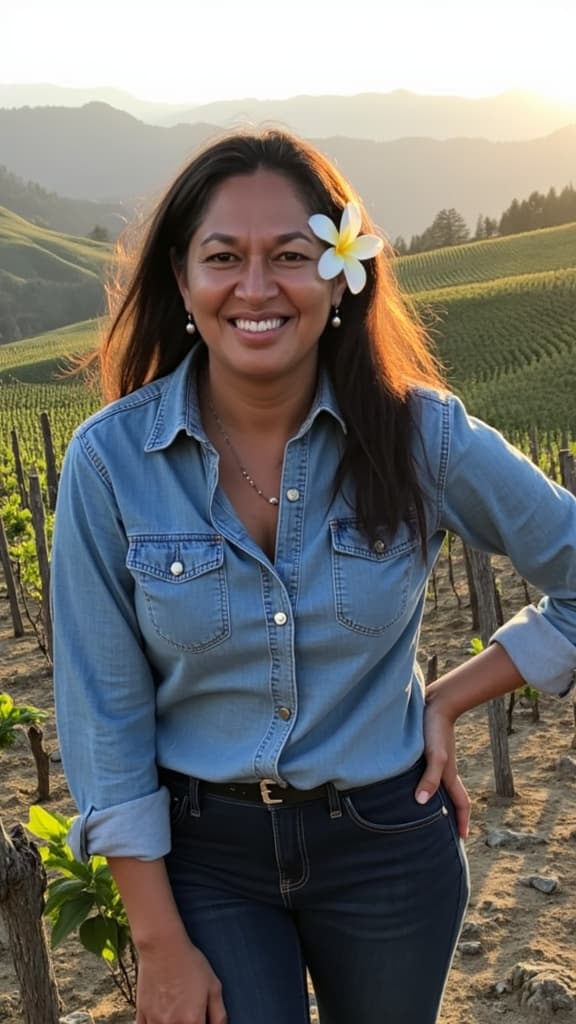 Tatiana in the Apetahi vineyard at golden hour