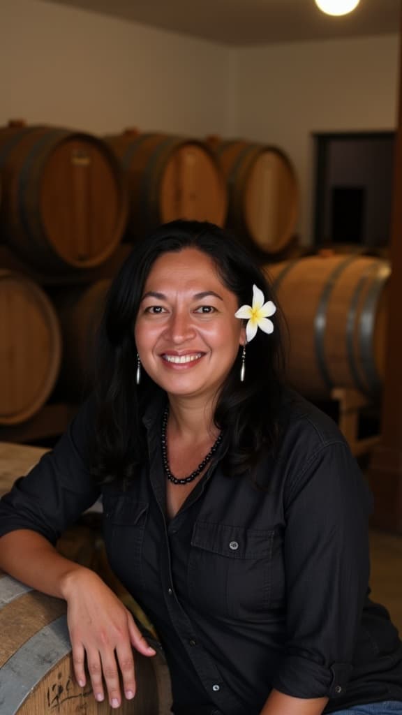 Winemaker Tatiana Vander Velde in the Polynesian Girl cellar, checking aging Cabernet