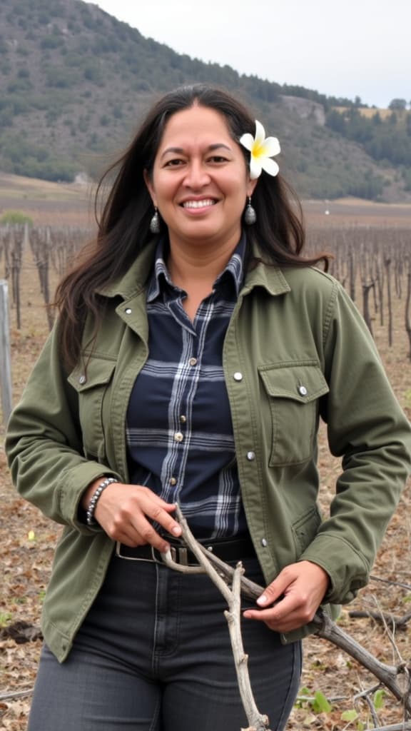 Tatiana pruning vines in the Apetahi vineyard
